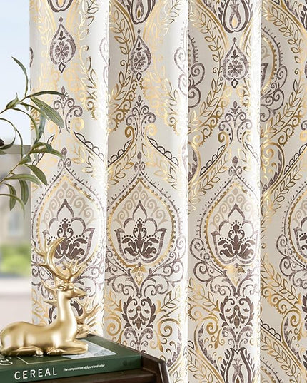 jinchan Blackout Curtains 96 Inches Long Golden Foil Damask Medallion Window Curtains for Bedroom Grommet Thermal Insulated Drapes for Living Room Vintage Luxury Window Treatments Set 2 Panels