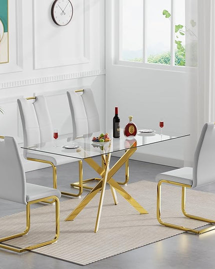 5 Piece Glass Dining Table Set, Gold Glass Kitchen Dining Room Table Set for 4, Modern 51" Rectangular Glass Metal Dining Table with 4 Grey Leather Dining Chairs for Kitchen Dining Room
