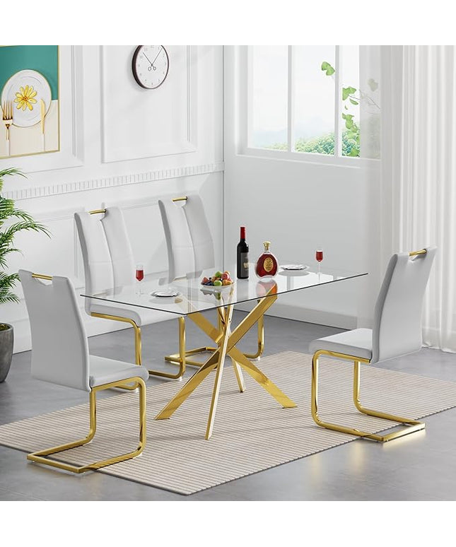 HomVent 5 Pieces Rectangular Glass Dining Table Table Set, Glass Kitchen Table Set for 4 with 4 PU Dining Chairs for Kitchen Dining Room
