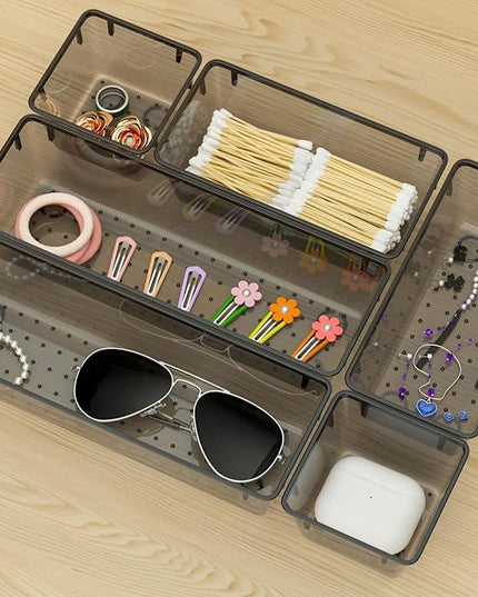 WOWBOX 6 Pack Clear Drawer Organizer Set, Acrylic Drawer Storage Trays, Storage Bins for Makeup, Cosmetics, Jewelries, Utensils, Gadgets, Office, Black