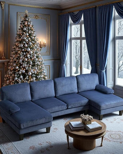 VINGLI 110" Sectional Couches for Living Room,U Shaped Couch with Double Chaise, 4-Seat Sofa Set with Corduroy Fabric for Home Furniture,Ocean Blue