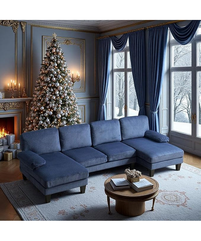 VINGLI 110" Sectional Couches for Living Room,U Shaped Couch with Double Chaise, 4-Seat Sofa Set with Corduroy Fabric for Home Furniture,Ocean Blue