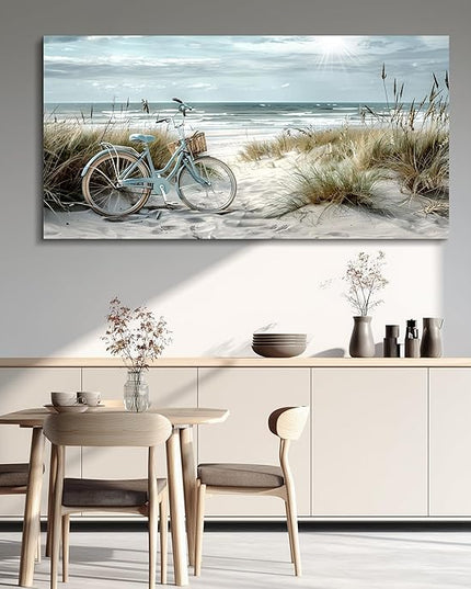 FUHAIHUA Wall Art For Living Room Canvas Decor For Bedroom Modern Office Decorations Blue Beach Bicycle Seascape Paintings Ocean Landscape Pictures Artwork Ready To Hang Home Decor