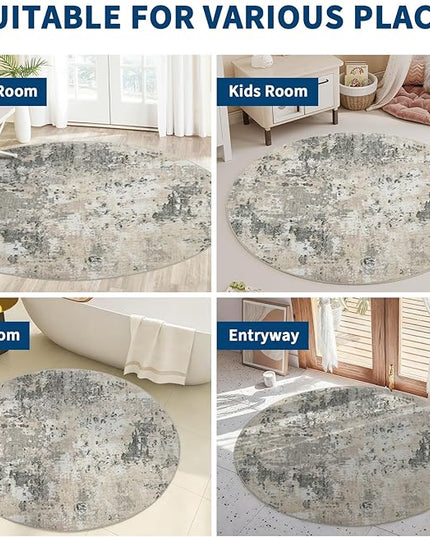 Modern Abstract 8x8 Round Area Rug Non Slip Non Shedding Rug Low Pile Stain Resistant for Bedroom Living Room Office Dining Room,Grey Yellow