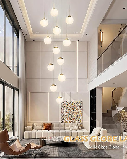 KoKo&Yukina 12-Light Gold Mid Century Modern Chandelier for Living Room Staircase Chandelier for Entryway Globe Milky White Glass Pendant Light High Ceiling Chandeliers Foyer (Bulb & Remote Incl.)