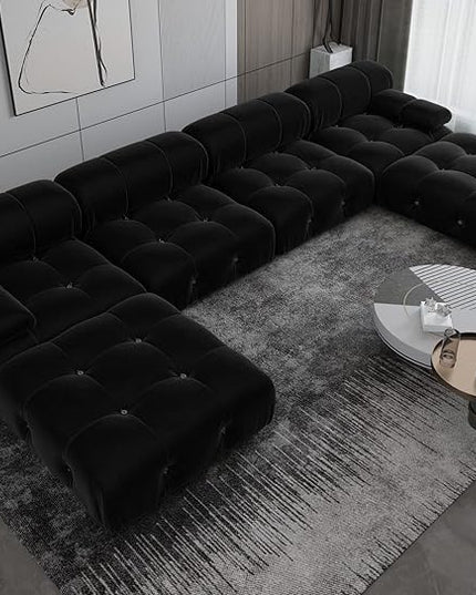 JACH 138" Modular Sectional Couch, U-Shaped Minimalist Velvet Sofas with Chaise Ottomans, Convertible Modern Deep 6-Seat Sofas Furniture for Living Room, Apartment (Black)