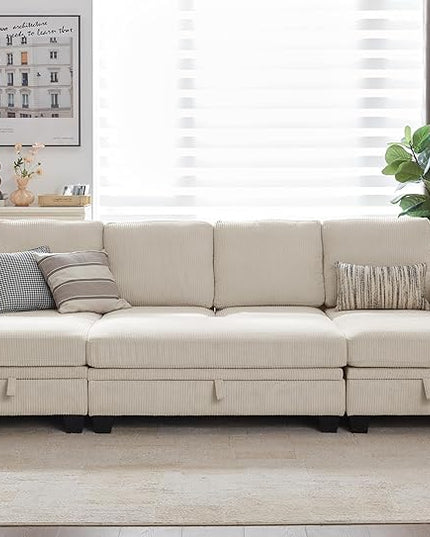 CHIC HOUSE Corduroy Modular Sectional Couch with Ottoman Chaise, L/U Shaped Sleeper Sofa for Living Room, Apartment, Lounge, Modern Armrest Neck Support Furniture (8 Seater Sleeper, Beige)