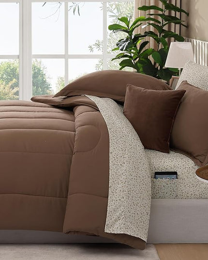 Monbix Full Comforter Set - 7 Pieces Brown Bed in a Bag Full Size Track Stitching Bedding Sets, All Seasons Comforter with Sheets, Pillowcases & Shams