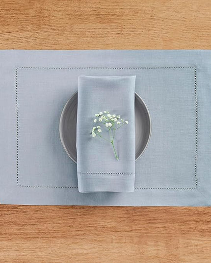 Solino Home Dusty Blue Linen Napkins Set of 4-100% Pure Linen Hemstitch Dinner Napkins 20 x 20 Inch - Classic Hemstitch