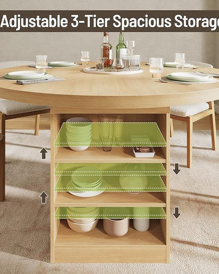 59'' Extendable Dining Table for 4-8, Round Kitchen Room Table with 3-Tier Storage Racks, Adjustable Shelves, Wooden Pedestal Base, for Kitchen, Dinner, Living Room, Office, Natural