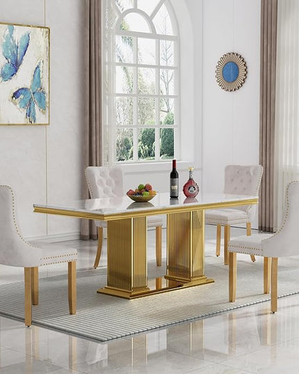 HomVent 68.11'' Rectangle Dining Table Set with Marble Table Top & Stainless Steel Base (White, 4 Beige Chairs, 5 Pieces)