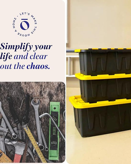 HOMZ 2-Pack Durabilt, Heavy Duty Plastic Storage Bins with Lids, 27 Gallon, Black/Yellow - Stackable Container Boxes for Home, Attic, and Garage Organization