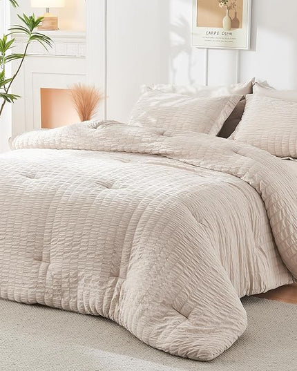 HYMOKEGE Beige California King Comforter Set Seersucker 7 Pieces, All Season Luxury Bed in a Bag for Bedroom, Bedding Set with Comforters, Sheets, Pillowcases & Shams