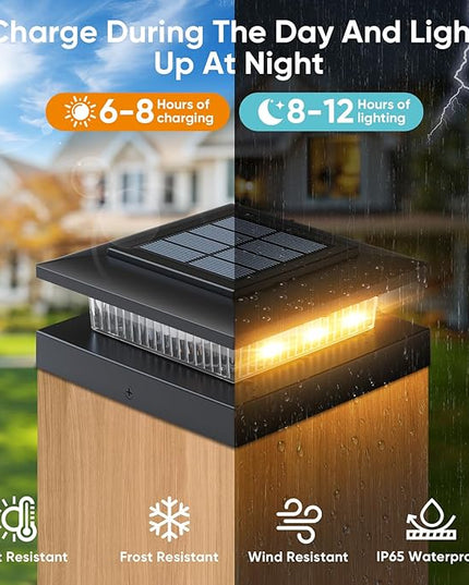 Solar Post Cap Lights: 6 Pack 4x4 Solar Powered Fence Lights for Wooden Vinyl Deck Lamp Post - 96 LEDs 2 Modes Warm & Cool White - Outdoor Waterproof Modern Classic Porch Lighting