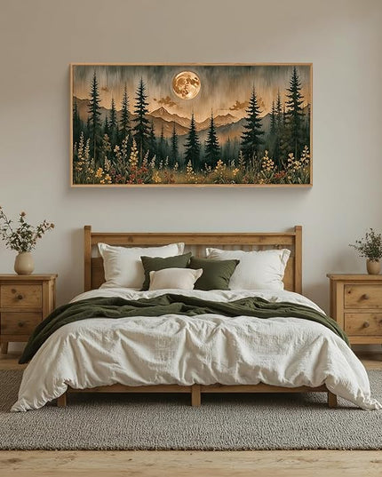 HOURIA Vintage Boho Nature Moonlight Forest Mountain Framed Canvas Wall Art Set,Wilderness Dark Moon Woodland Floral Decor,Retro Wildflower Field Landscape Artwork for Living Room,Farmhouse- 20"x40"x1