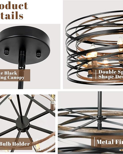 Black Farmhouse Chandelier,23.6" Drum Chandelier Farmhouse Chandeliers for Dining Room Wood Grain Metal Large Dining Room Light Fixture Pendant Light Fixtures for Kitchen Living Room Bedroom Entryway