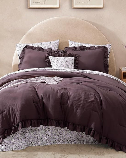 King Comforter Set - 7 Pieces Ruffle Purple Bedding Sets, Shabby Chic Farmhouse Bed in a Bag King with Ruffle Comforter, Floral Sheets, Pillowcases & Shams