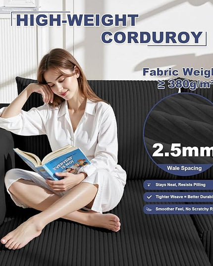 138" Boneless Couches for Living Room, Modular Cloud Couch Sofa - 5 Pieces U Shap Corduroy Sectional Sofa, Fluffy Memory Foam Sleeper Sofa Furniture, No Assembly, Wide Armrest, Black