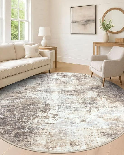 IOHOUZE Abstract Round Area Rug 8 Ft Washable Circle Rugs Large Round Rug Non Slip Thin Soft Circle Rugs, Printed Faux Wool Floor Carpet for Bedroom Living Room Dining Room Nursery, Beige Brown