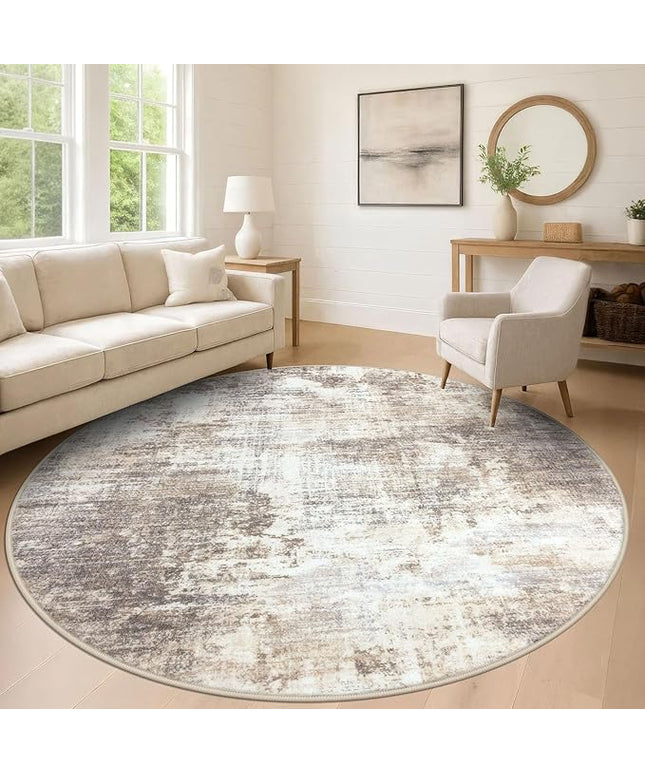 IOHOUZE Abstract Round Area Rug 8 Ft Washable Circle Rugs Large Round Rug Non Slip Thin Soft Circle Rugs, Printed Faux Wool Floor Carpet for Bedroom Living Room Dining Room Nursery, Beige Brown