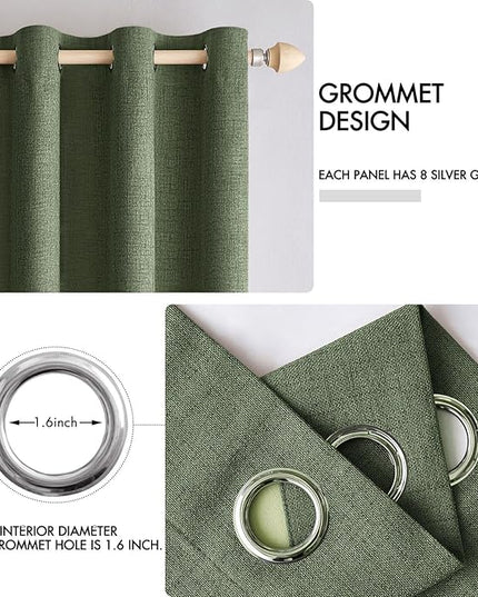 MIULEE 100% Blackout Linen Textured Curtains for Bedroom Solid Thermal Insulated Olive Green Grommet Room Darkening Curtains & Drapes Luxury Decor for Living Room Nursery 52 x 96 Inch (2 Panels)