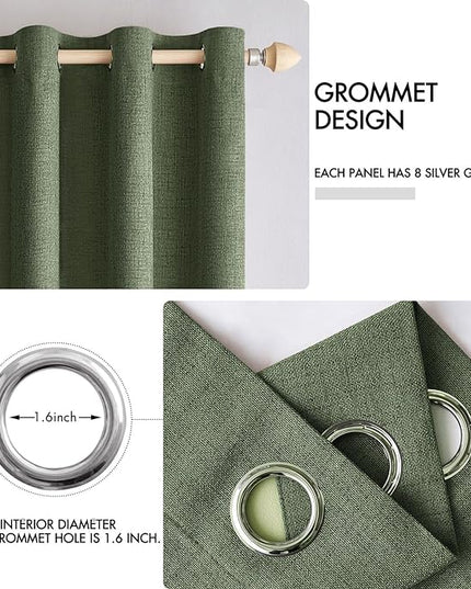 MIULEE 100% Blackout Linen Textured Curtains for Bedroom Solid Thermal Insulated Olive Green Grommet Room Darkening Curtains & Drapes Luxury Decor for Living Room Nursery 52 x 45 Inch (2 Panels)