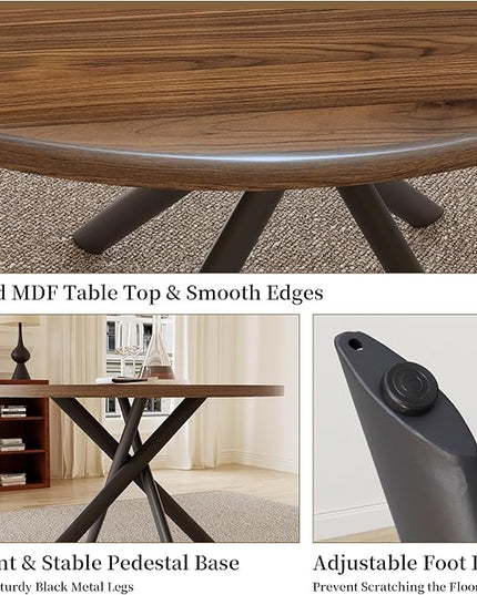 45.3'' Walnut Round Dining Table Set for 4, Mid Century Modern Small Coffee Set for Dining Room Kitchen Apartment (Light Walnut + 4 Black Chairs)