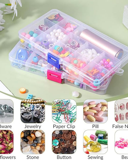 2Pcs Bead Organizer Box, Mini Clear Plastic Storage Box with Removable Divider for Beads Jewelry Rhinestone Small Parts Hair Stuff Accessory DIY Supply (15 Grids)