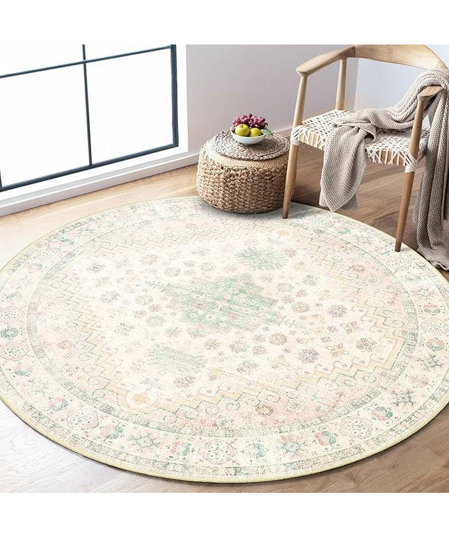 MUJOO Round Rug 4ft,Small Cicle Area Rug Washable,Circular Rugs for Entryway Bedroom Kitchen,Boho Non Slip Throw Carpet Light Pink and Green