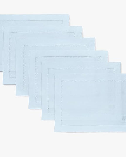 Solino Home Linen Cloth Placemats Set of 6-100% Pure Linen Hemstitch Light Blue Placemats 14 x 19 Inch - Classic Hemstitch Table Place Mats for Christmas, Winter, New Year