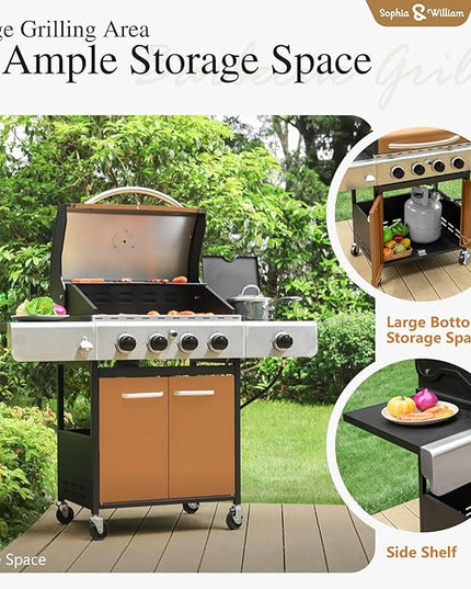Sophia & William 4-Burner Gas BBQ Grill with Side Burner and Porcelain-Enameled Cast Iron Grates, 42,000BTU Propane Grills Outdoor Cooking Barbecue Grill Cabinet Style, Golden