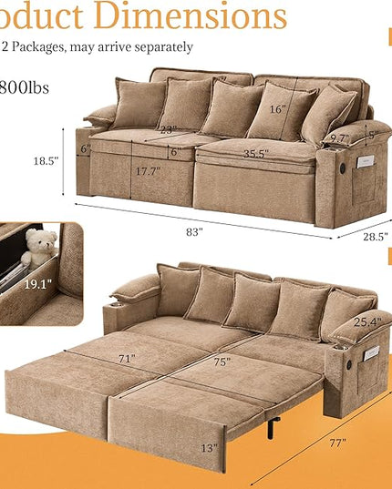 SUNWAVE 83" King Size Pull Out Sofa Bed, 4-in-1 Convertible Sleeper Sofa Bed with USB Ports, Cup Holders, Side Pockets, Corduroy Oversized Loveseat Chaise Lounge for Living Room, Small Space