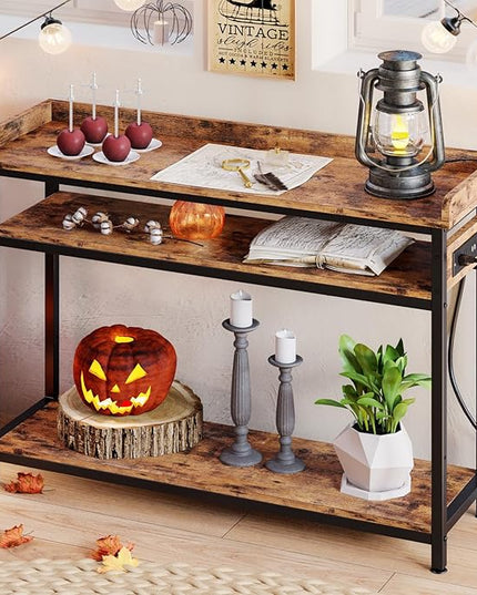 IRONCK Console Table, Sofa Table with Power Outlet, Farmhouse Hallway Table for Entryway, Living Room, Height Adjustable, Easy Assembly, Rustic Brown, 43"
