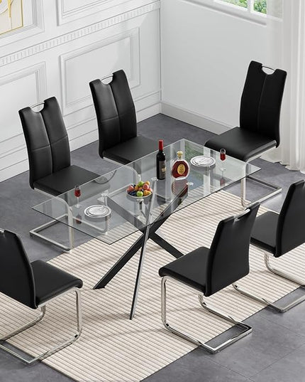 HomVent 7 Pieces Rectangular Glass Dining Table Set, Glass Kitchen Table Set for 6 Dinner Table Set with 6 PU Dining Chairs for Kitchen Dining Room