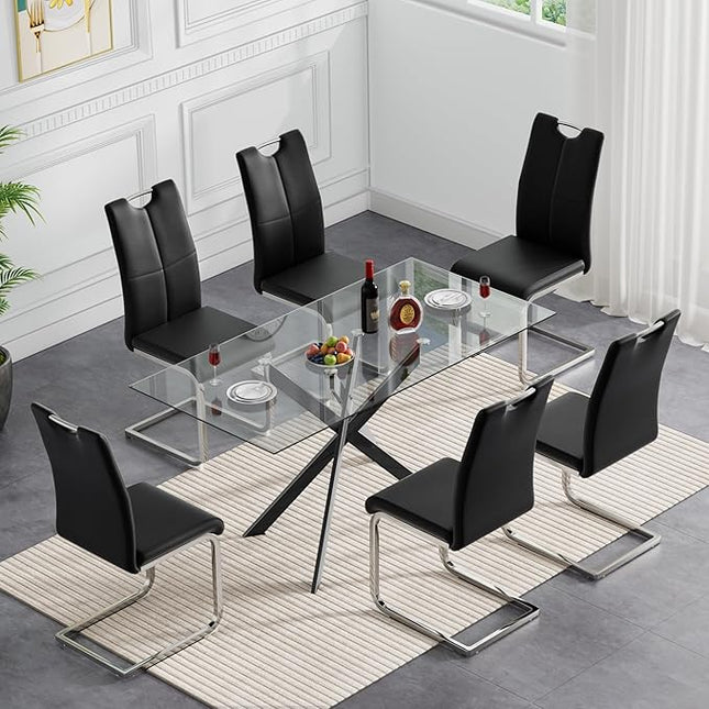 HomVent 7 Pieces Rectangular Glass Dining Table Set, Glass Kitchen Table Set for 6 Dinner Table Set with 6 PU Dining Chairs for Kitchen Dining Room