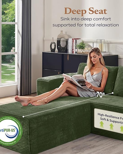 67" Loveseat Sofa, Cloud Modular Couch, Upholstered Floor Sofa with Deep Seat, Upholstered Foam Sofa for Bedroom Living Room, No Assembly Required (Green, Plush Corduroy Fabric)