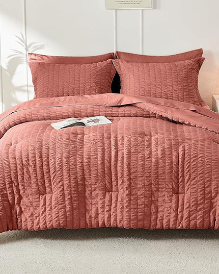 HYMOKEGE Coral Twin XL Comforter Set Seersucker 5 Pieces, All Season Luxury Bed in a Bag for Bedroom, Bedding Set with Comforter, Sheets, Pillowcase & Sham