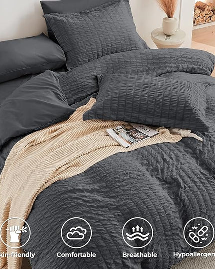 HYMOKEGE Twin XL Comforter Set Seersucker 5 Pieces, All Season Luxury Bed in a Bag for Bedroom, Bedding Set with Comforter, Sheet, Pillowcase & Sham, Dark Grey