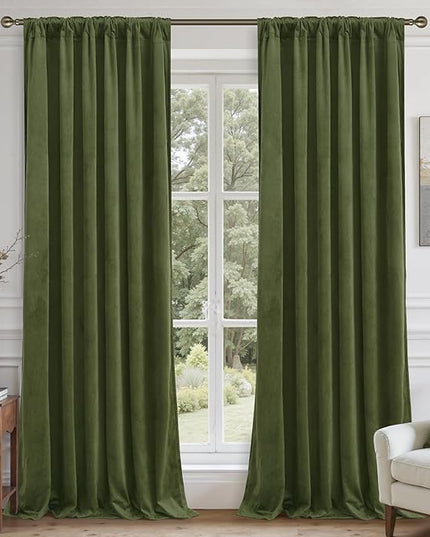 LAMIT Sage Green Velvet Curtains 108 Inches Long for Living Room, Luxury Thermal Insulated Blackout Panels Back Tab and Rod Pocket Room Darkening Drapes for Bedroom, 2 Panels, 52 x 108 Inch