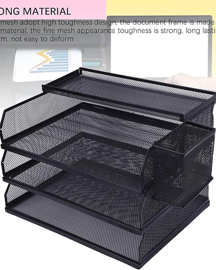 3 Tier Paper Organizer 3 Tray Letter Storage Mesh Desk A4 File Sorter with Top Box Pen Container for Home School Office Desk Organization Iron Metal Mesh Design