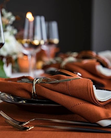 Solino Home Linen Napkins Set of 4 - Classic Hemstitch 100% Pure Linen Cinnamon Dinner Napkins Cloth 20 x 20 Inch for Winter - Handcrafted and Machine Washable