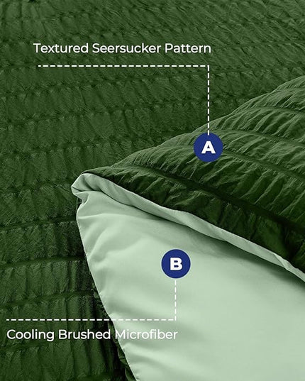 HYMOKEGE Dark Green/Sage Green King Size Comforter Set Seersucker 7 Pieces, All Season Luxury Bed in a Bag for Bedroom, Bedding Set with Comforter, Sheets, Pillowcases & Shams