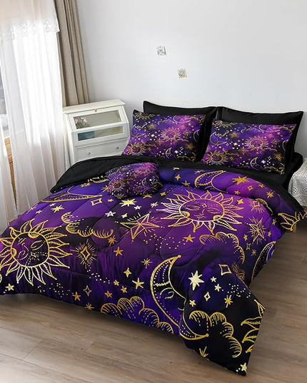 Merryword 8 Pcs Universe Bed in a Bag Sun and Moon Comforter Set California King Size Galaxy Bedding Purple Gold Moon Star Pattern Bohemian Gothic Comforter Set