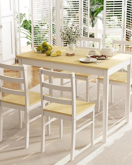 Tangkula Dining Table Set for 4, Solid Wood, Farmhouse Dinette Set w/Rubber Wood Legs, Compact Dining Table and Chairs Set for Kitchen, Dining Room (Natural+White)