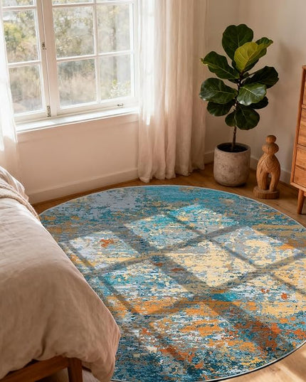 Modern Abstract 6x6 Round Area Rug Non Slip Non Shedding Rug Low Pile Stain Resistant for Bedroom Living Room Office Dining Room,Multi Color