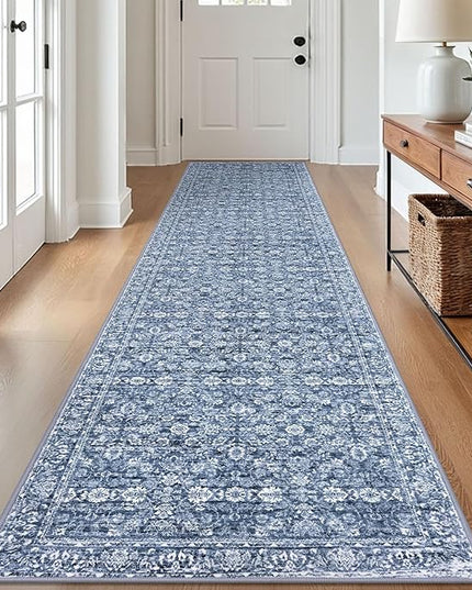 2.6x12 Runner Washable Rug for Kitchen, Blue Soft Classic Runner with Non-Slip, Non-Shedding Distressed Floral Rug for Hallways Entryway Bedroom Bathroom Laundry Indoor