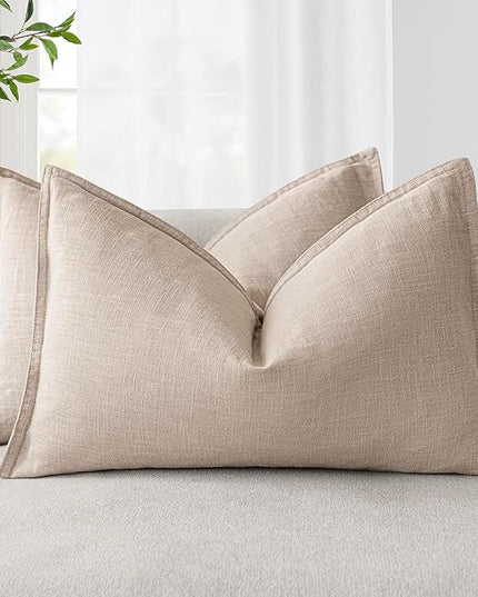 Foindtower Pack of 2, Decorative Linen Soild Throw Pillow Covers Accent Lumbar Cushion Case Boho Farmhouse Pillowcase for Chair Couch Sofa Bedroom Living Room Home Decor 12 x 20 Inch Tan Beige