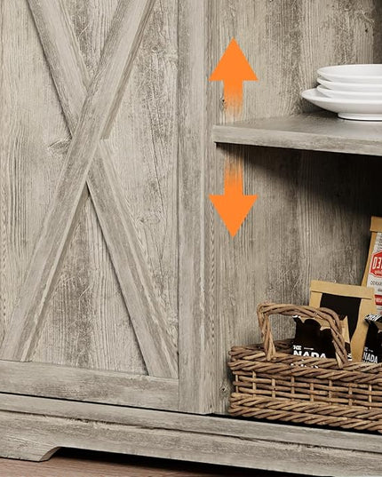 Farmhouse Coffee Bar with 3 Tier Storage Hutch, 56 Inch Small Coffee Station with 6 Hooks, Corner Bar Table with Adjustable Shelves for Living Dining Room (Grey)