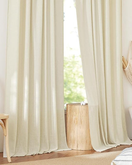 NICETOWN Linen Curtains 84 inch Long for Living Room?Rod Pocket/Back Tab Semi Sheer Curtains Flax Linen Blend Privacy Added with Light Filtering Drapes for Farmhouse, Butter, 1 Pair, 52" W x 84" L