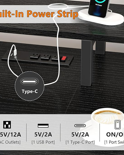 60 Inch Computer Desk with 8 Drawers, Gaming Desk with LED Lights & Power Outlets, Home Office Desk with Monitor Stand, Black